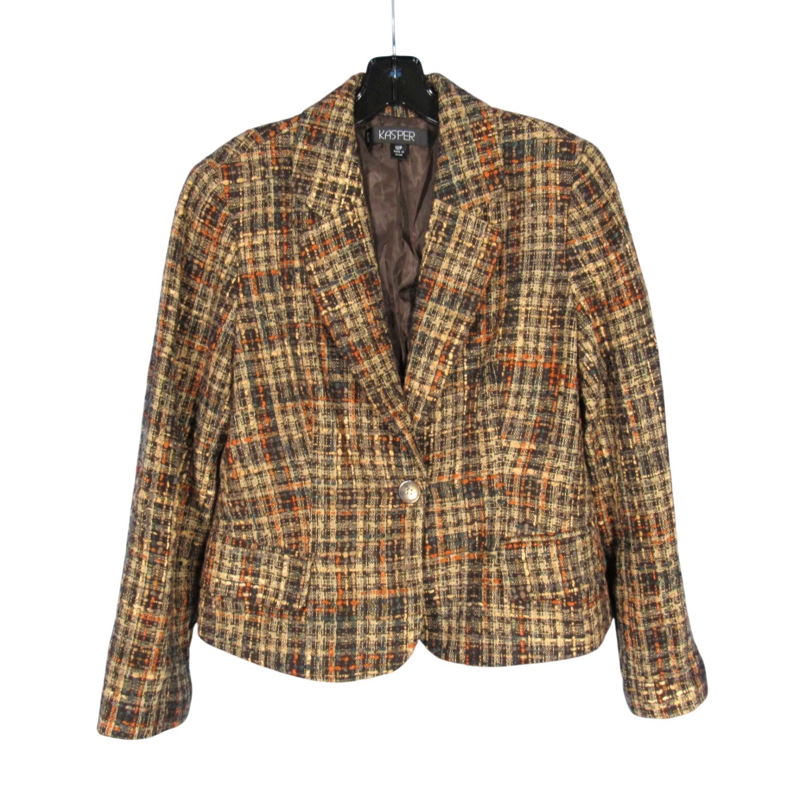 VTG KASPER PETITE Brown/Rust Orange TWEED Button FLAP POCKETS JACKET/BLAZER 12P
