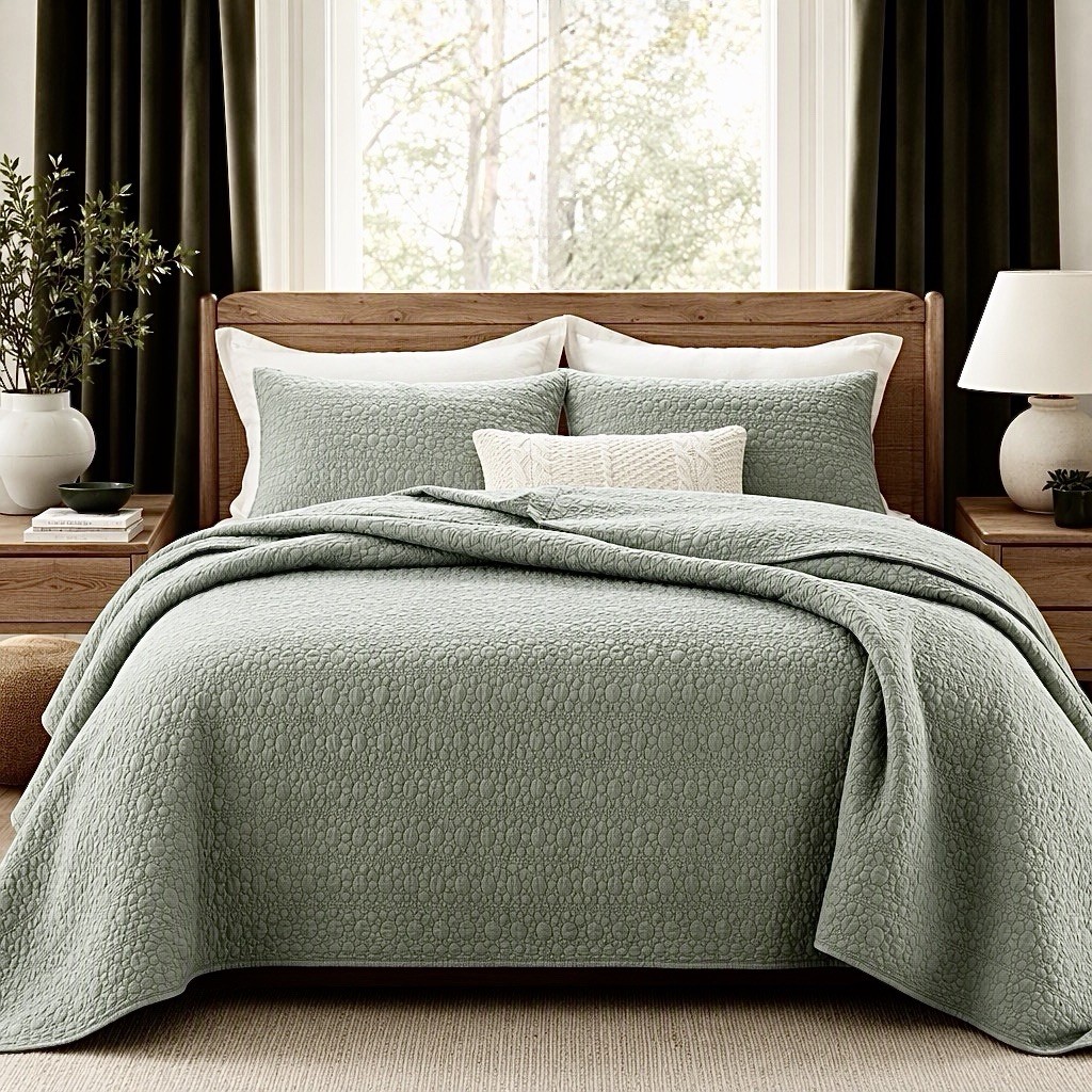NEW West Elm Green Stone Print Ultra Soft Queen King Bedding Bedspread Sham Set