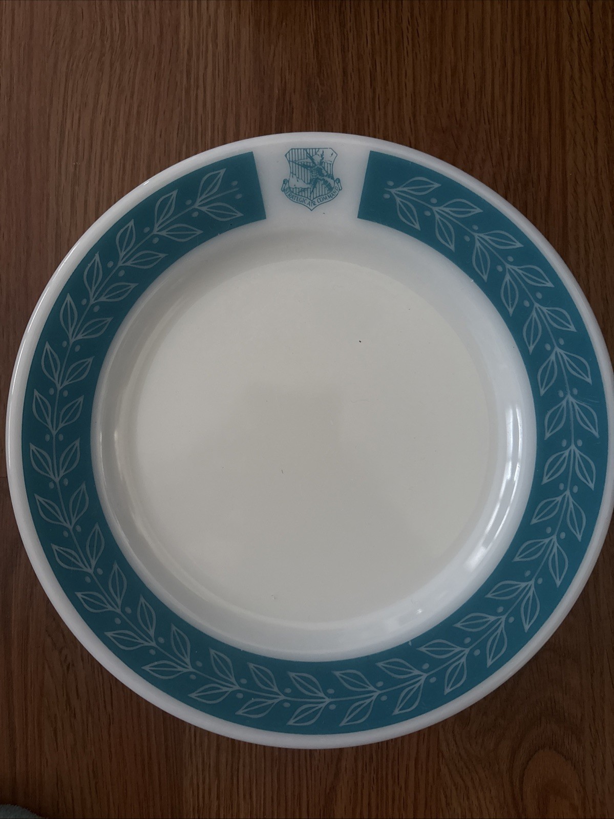 Strategic Air Command, Commemorative Plate Teal Laurel Leaf Band, Pyrex Corning Strategic Air Command, Commemorative Plate Teal Laurel Leaf Band, Pyrex Corning