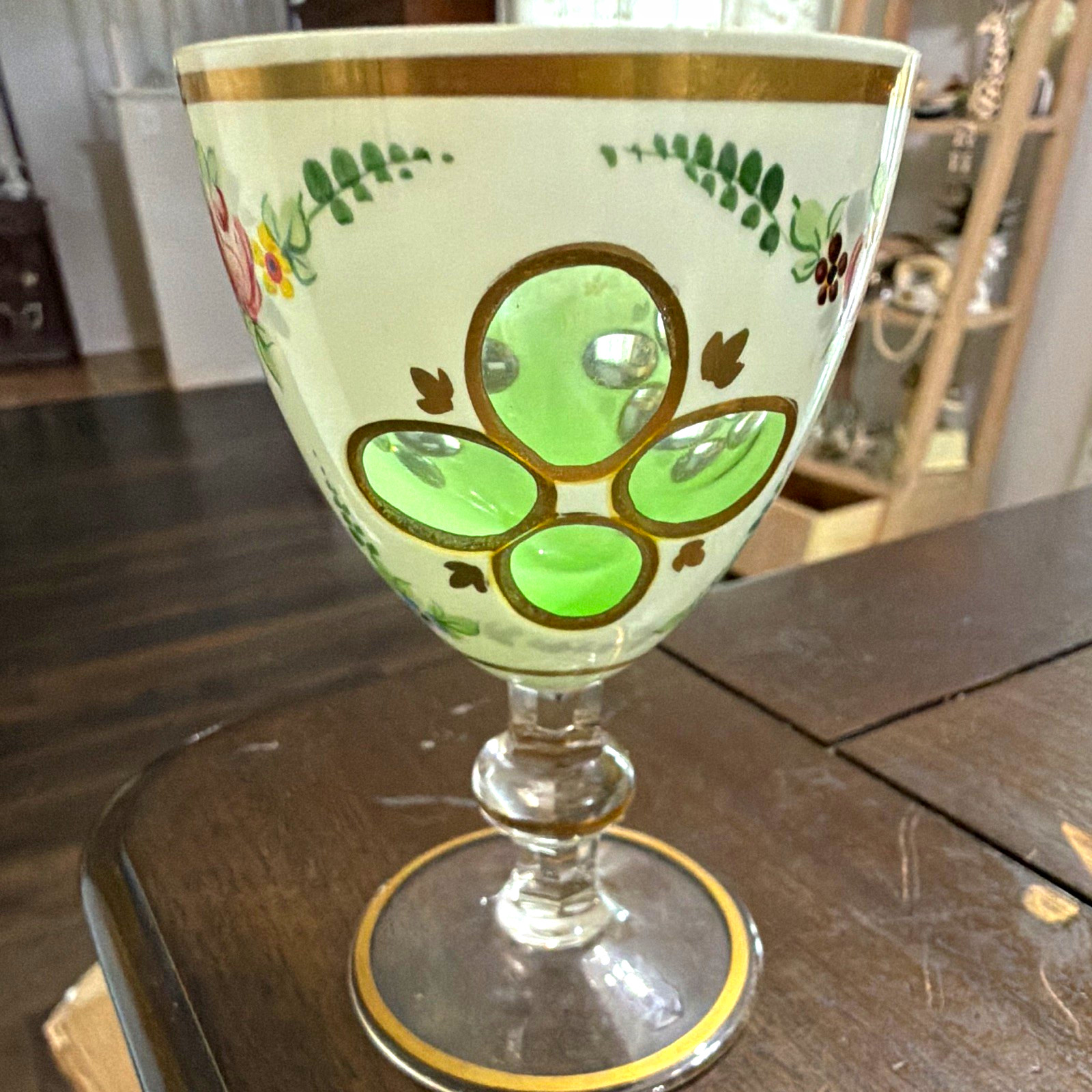Antique/ Vtg Bohemian Opaline Glass Goblet Green Cut Overlay Gilt Floral 4.5”