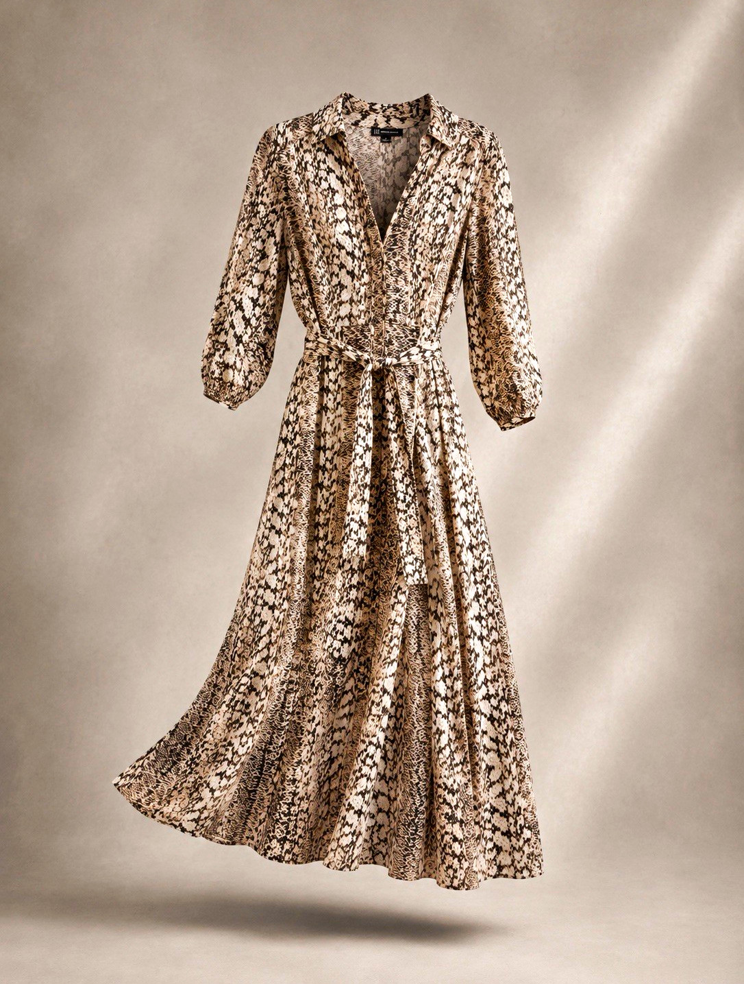 INC International Concepts Beige Black Animal Print V-Neck Belted Maxi Dress M