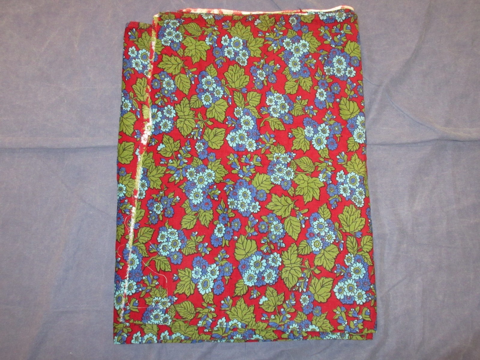 3.5+ Yds Vintage Dan River Mills CORDUROY Fabric - Red/Blue/Green FLORAL Flowers