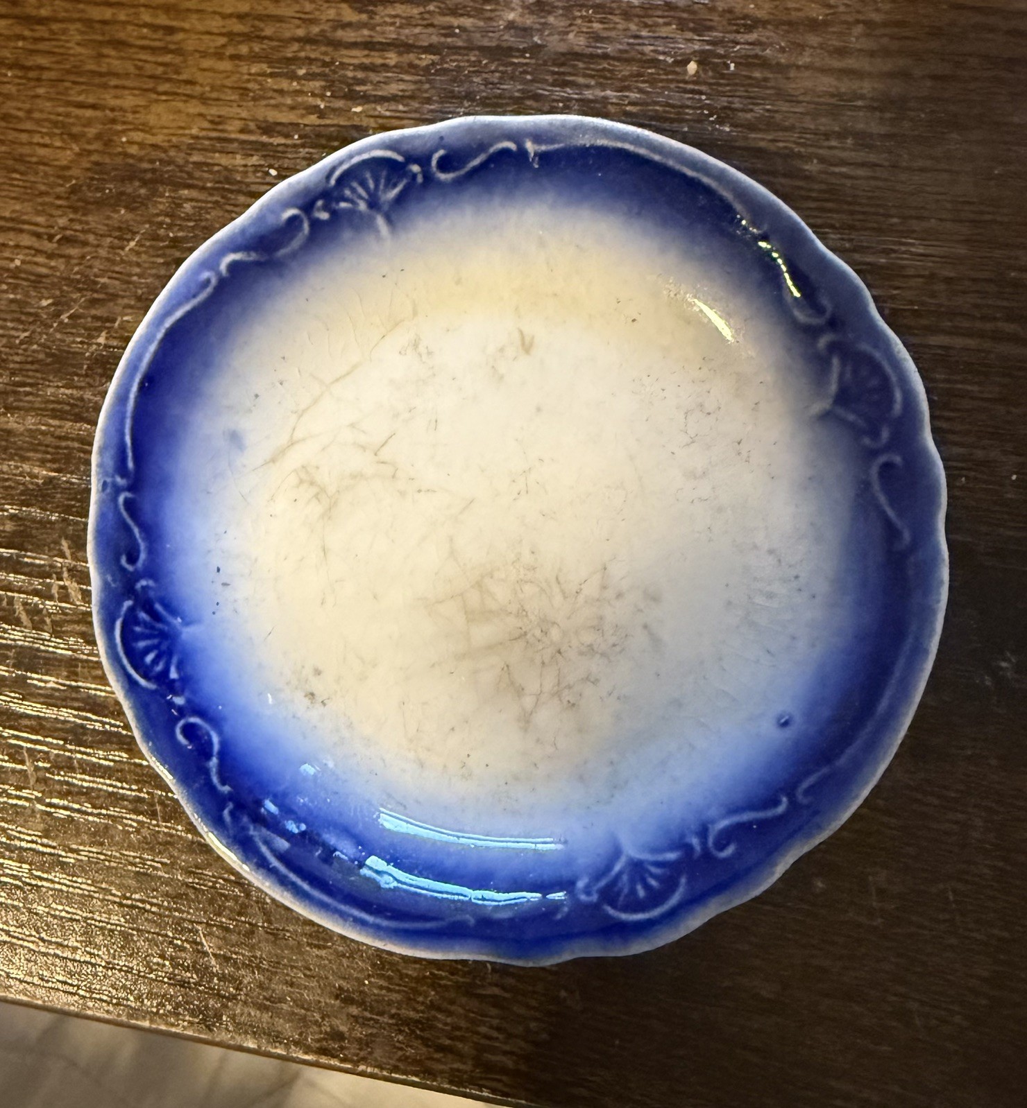 Antique Flow Blue Porcelain Butter Pat 3.25” Antique Flow Blue Porcelain Butter Pat 3.25”