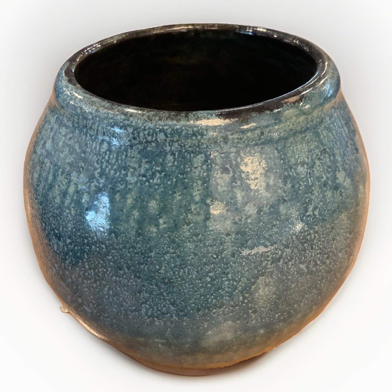 Vintage Signed JR Studio Art Pottery Planter Vase Blue Teal Mottled Glaze 5”