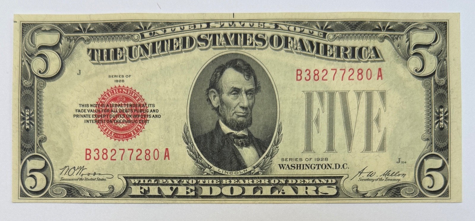 1928 $5 United States Note Crisp Uncirculated Red Seal B-A Block