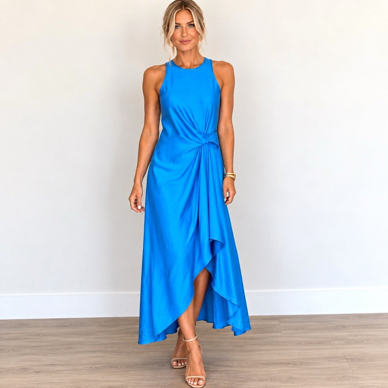 Reiss Blue Satin Asymmetric Draped Maxi Dress Women’s 6 Sleeveless Zip
