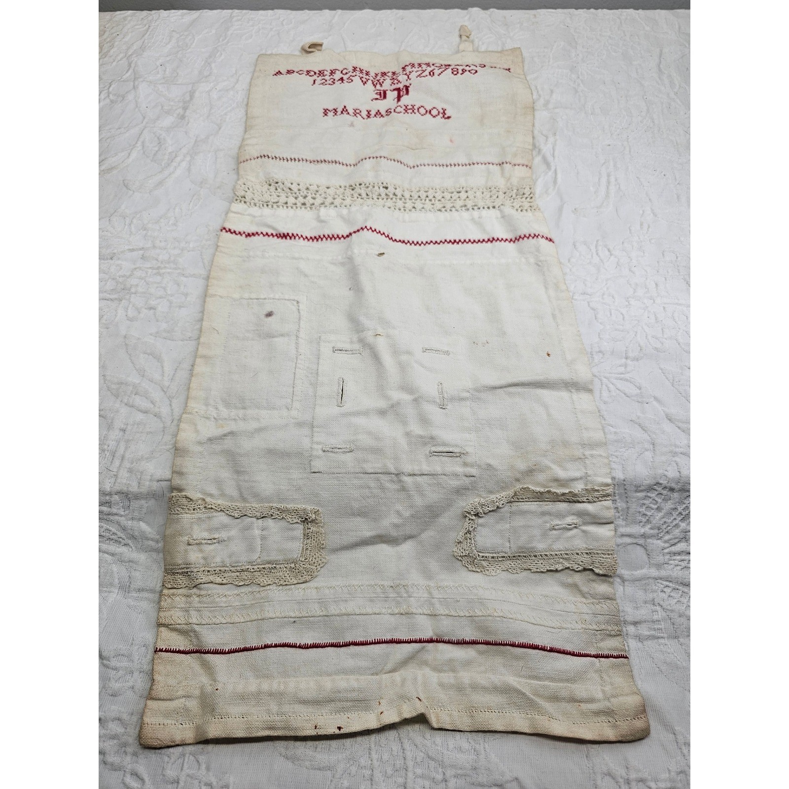 Large Antique Dutch Mariaschool Sewing Sampler Girls White Red 19th Century