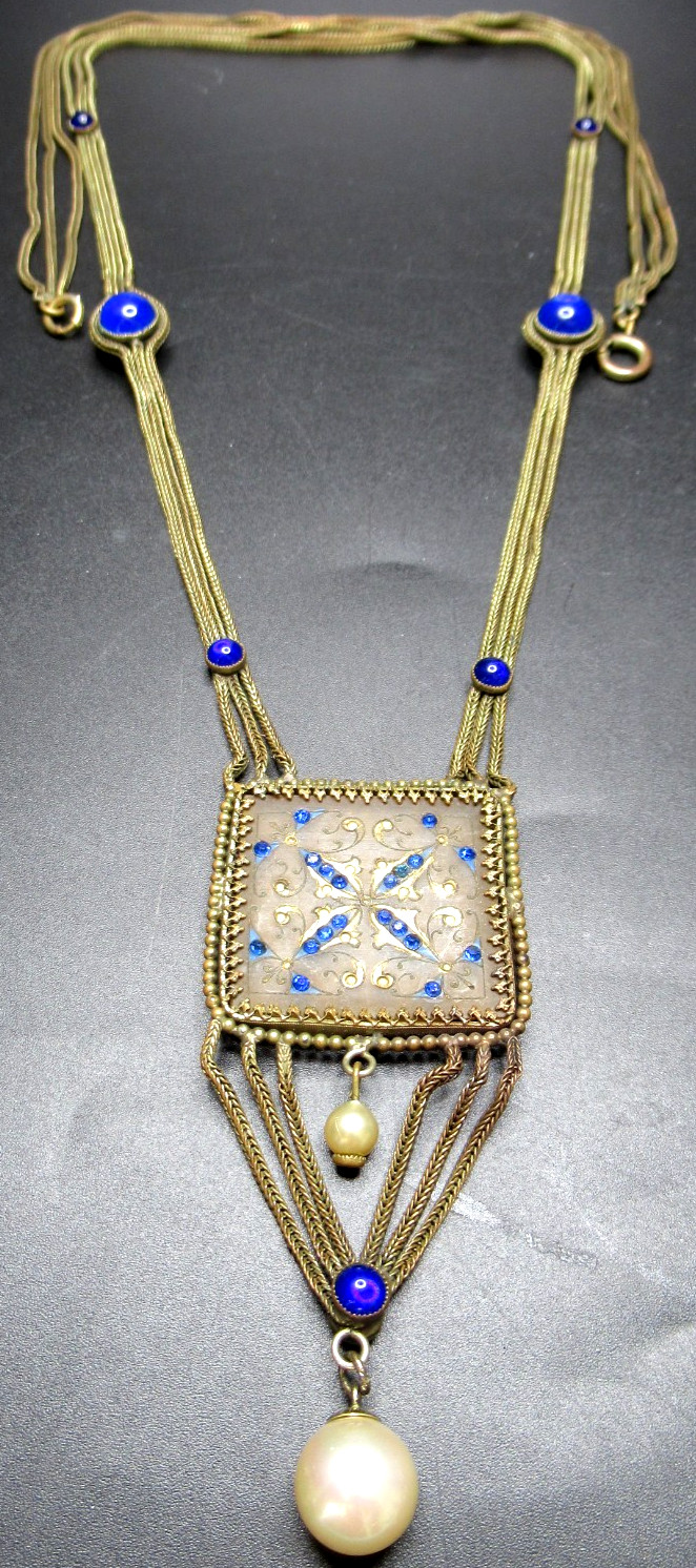 Amazing Art Deco Blue Glass Painted Frame Necklace