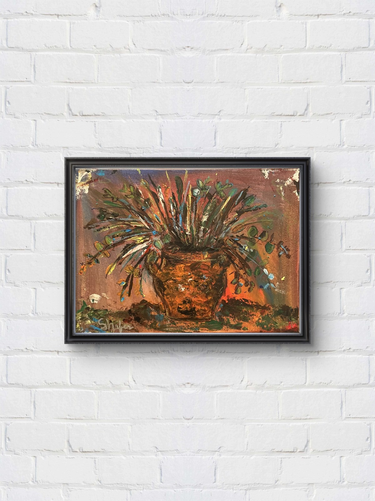 Shafer Original 12x16 Expressionist Plant In Terracotta Pot Painting Signed Wall