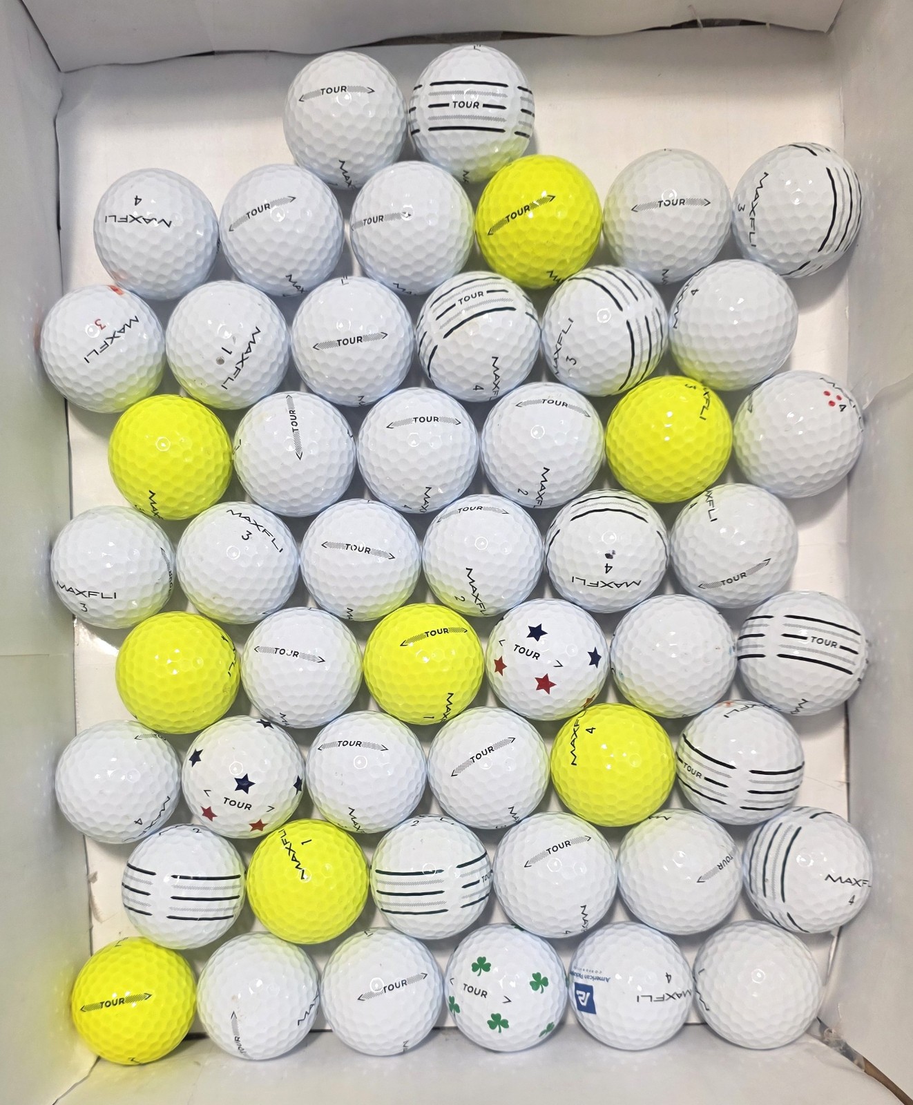 50 Maxfli TOUR White & Yellow 5A/4A Near Mint Used golf balls