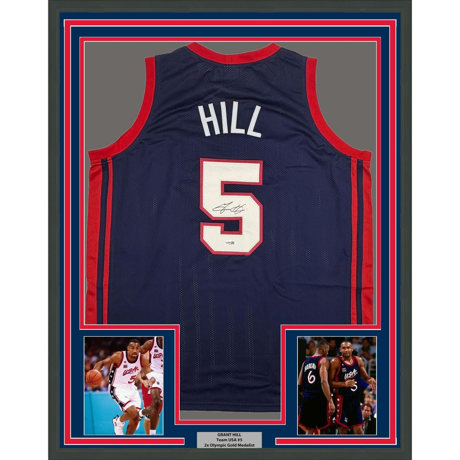 Framed Autographed/Signed Grant Hill 35x39 USA Olympics Blue Jersey JSA COA Framed Autographed/Signed Grant Hill 35x39 USA Olympics Blue Jersey JSA COA