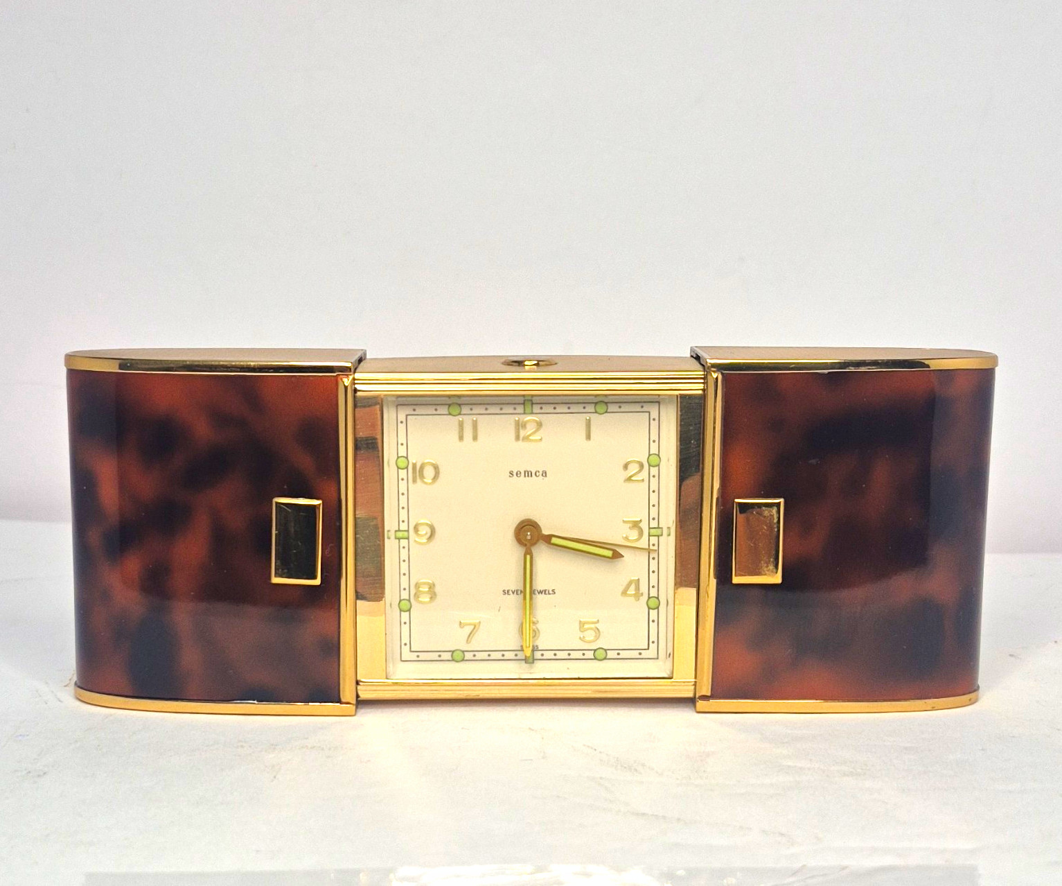 Vintage Semca Swiss Travel Alarm Clock Tortoise Folding Case Working 7 Jewels