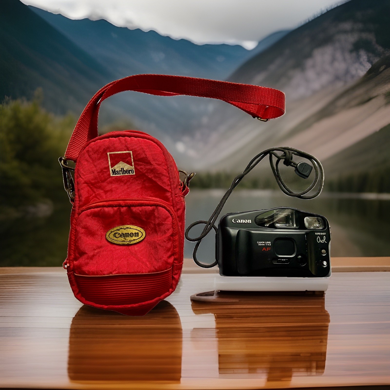 VINTAGE Canon Sure Shot Owl 35mm Film Camera + Marlboro Red Bag Bundle TESTED VINTAGE Canon Sure Shot Owl 35mm Film Camera + Marlboro Red Bag Bundle TESTED