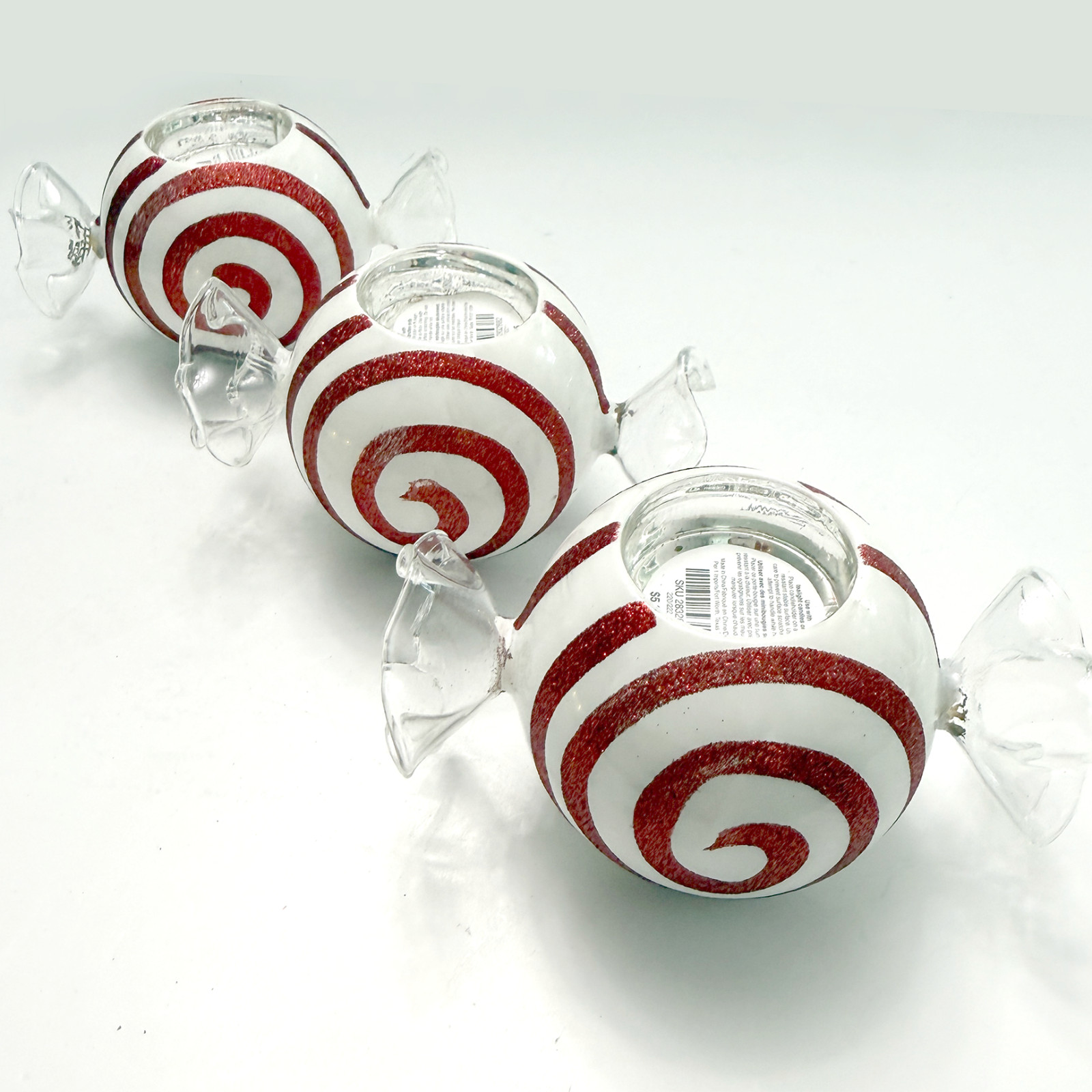 3-Pier 1 Christmas Blown Glass Tea Light Candle Holder Peppermint Candy Wrap-VTG 3-Pier 1 Christmas Blown Glass Tea Light Candle Holder Peppermint Candy Wrap-VTG