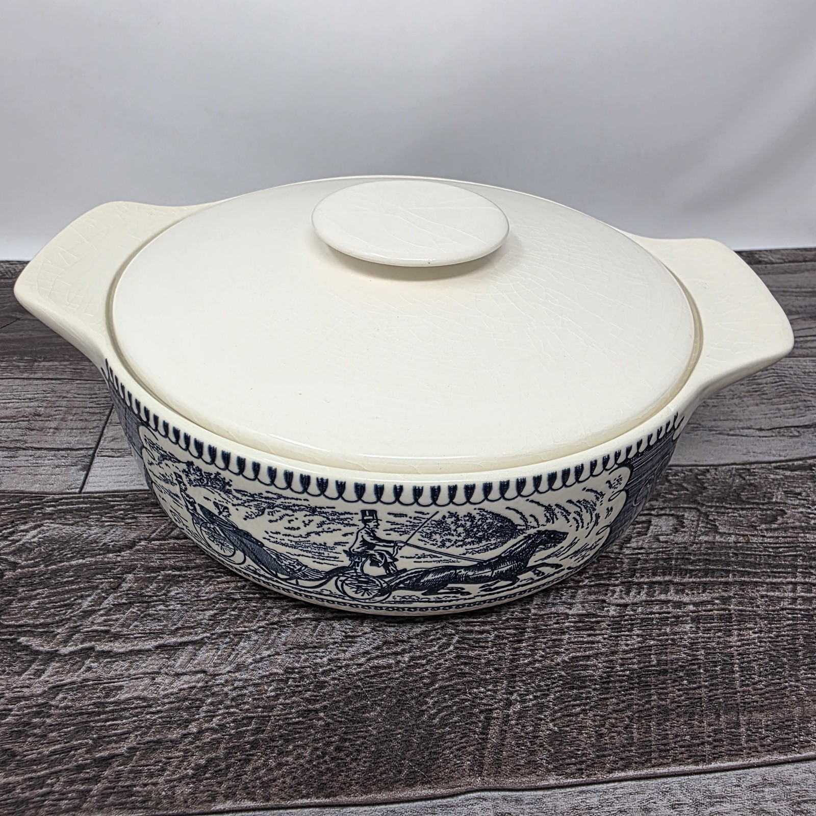 Vintage Currier & Ives Royal China Covered Casserole White Lid Tab Handles RARE 