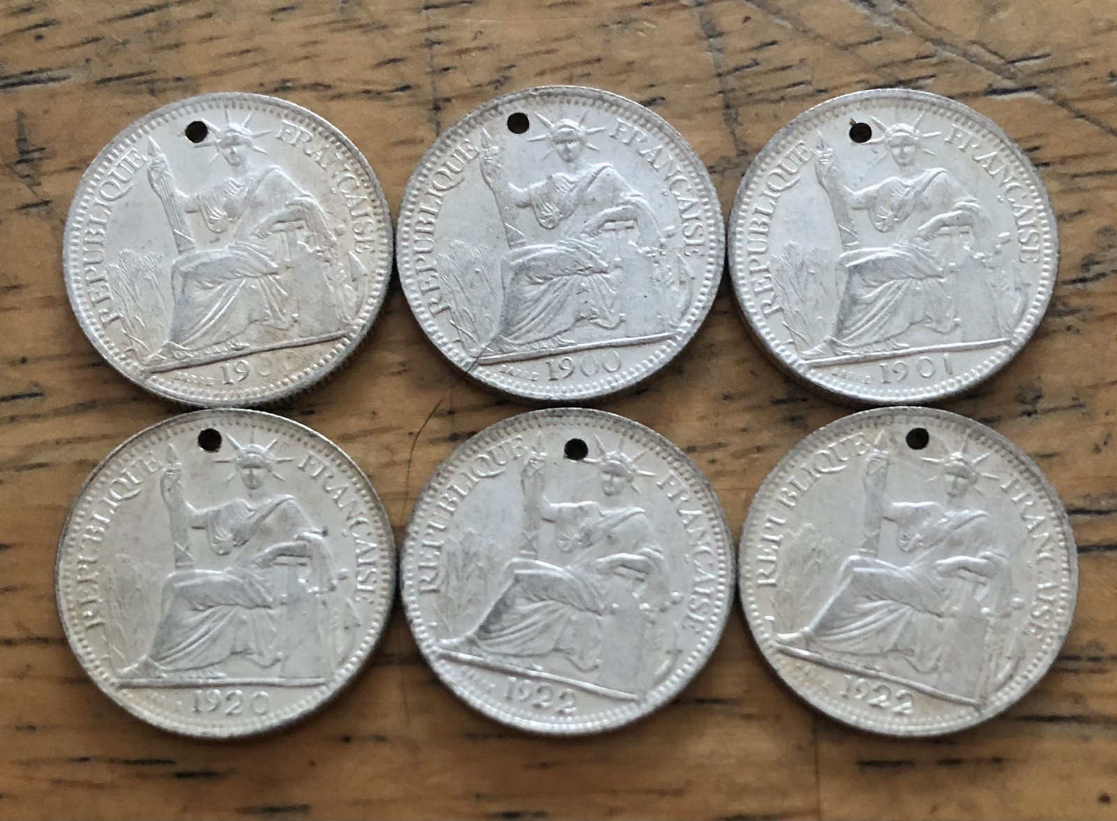 Lot Of (6) French Indo Chine Francaise 10 Cent Silver Coins French Indochina Lot Of (6) French Indo Chine Francaise 10 Cent Silver Coins French Indochina