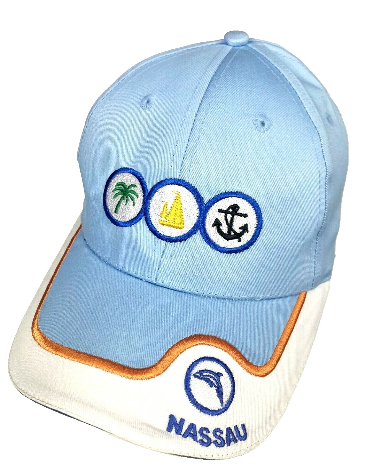 Nassau Beach Sail Boat Dolphin Embroidered Blue Cap Hat Snapback Nassau Beach Sail Boat Dolphin Embroidered Blue Cap Hat Snapback