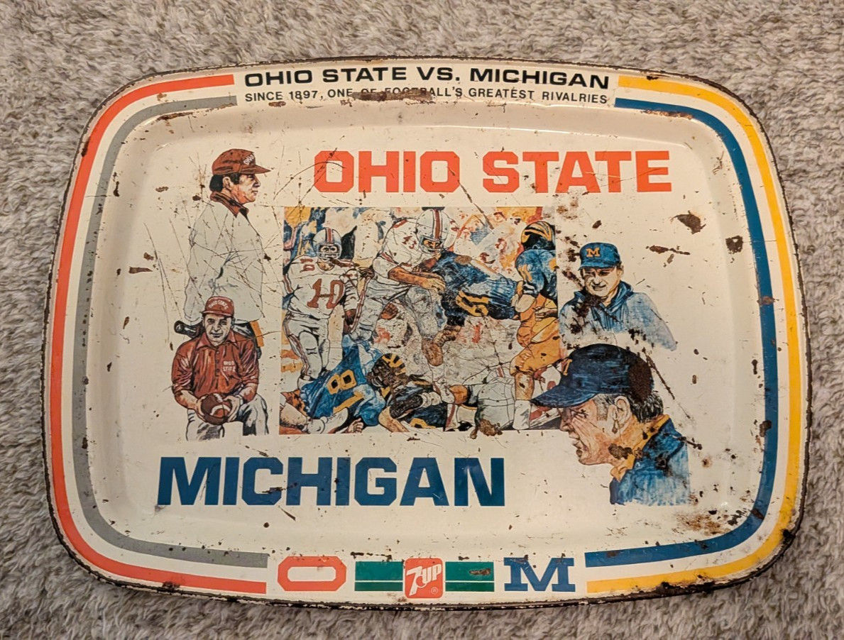 Vtg 1980 Ohio St vs Michigan Football 7UP Metal Tray Earle Bruce Bo Schembechler