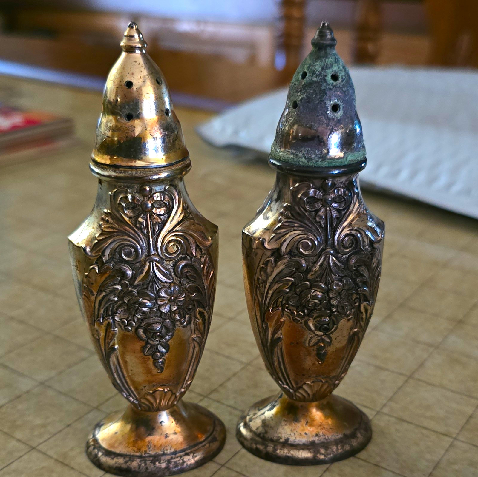 Vintage Poole Silver Co. 548 Metal Floral Embossed Salt & Pepper Shaker Set, 2pc