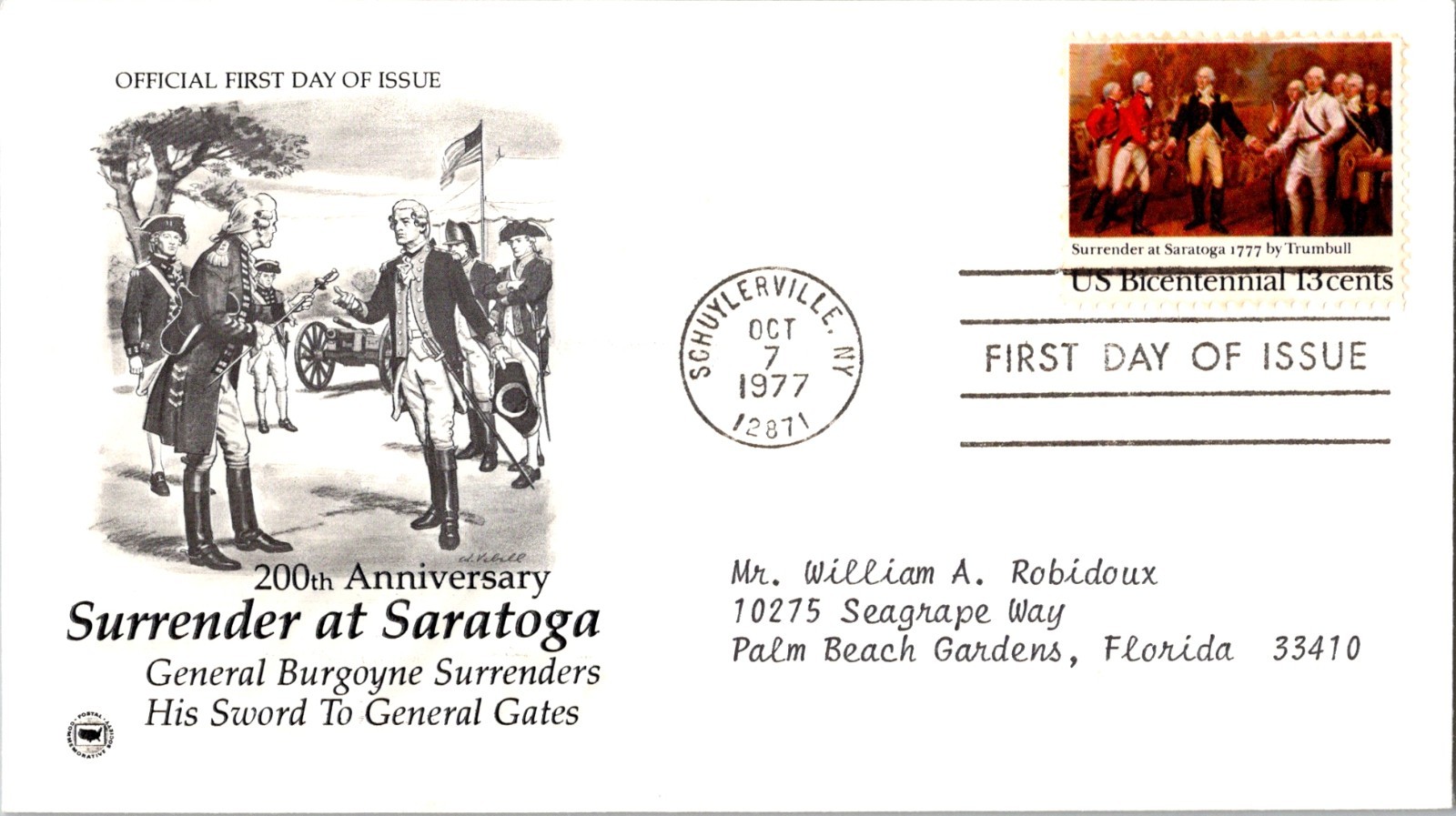 Vintage FDC USPS Scott #1728 Surrender At Saratoga c1977 Artcraft
