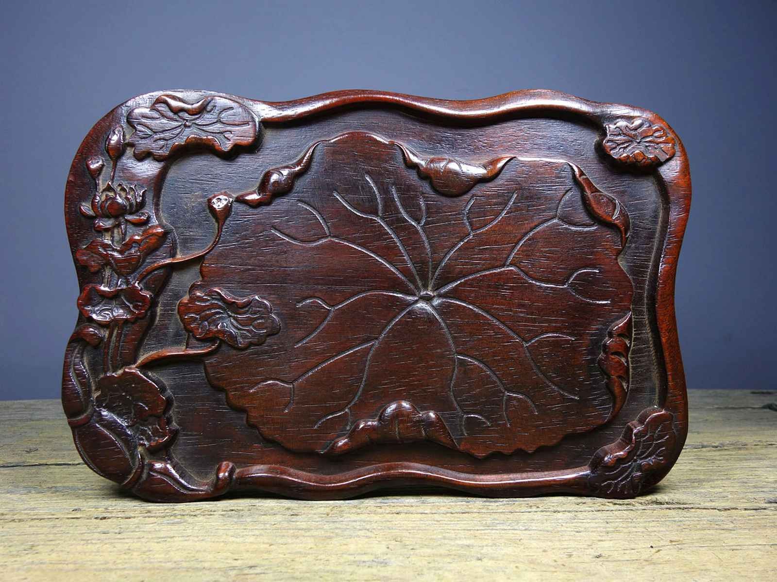 Chinese Natural Rosewood Hand-carved Exquisite Lotus Tea Tray 7988