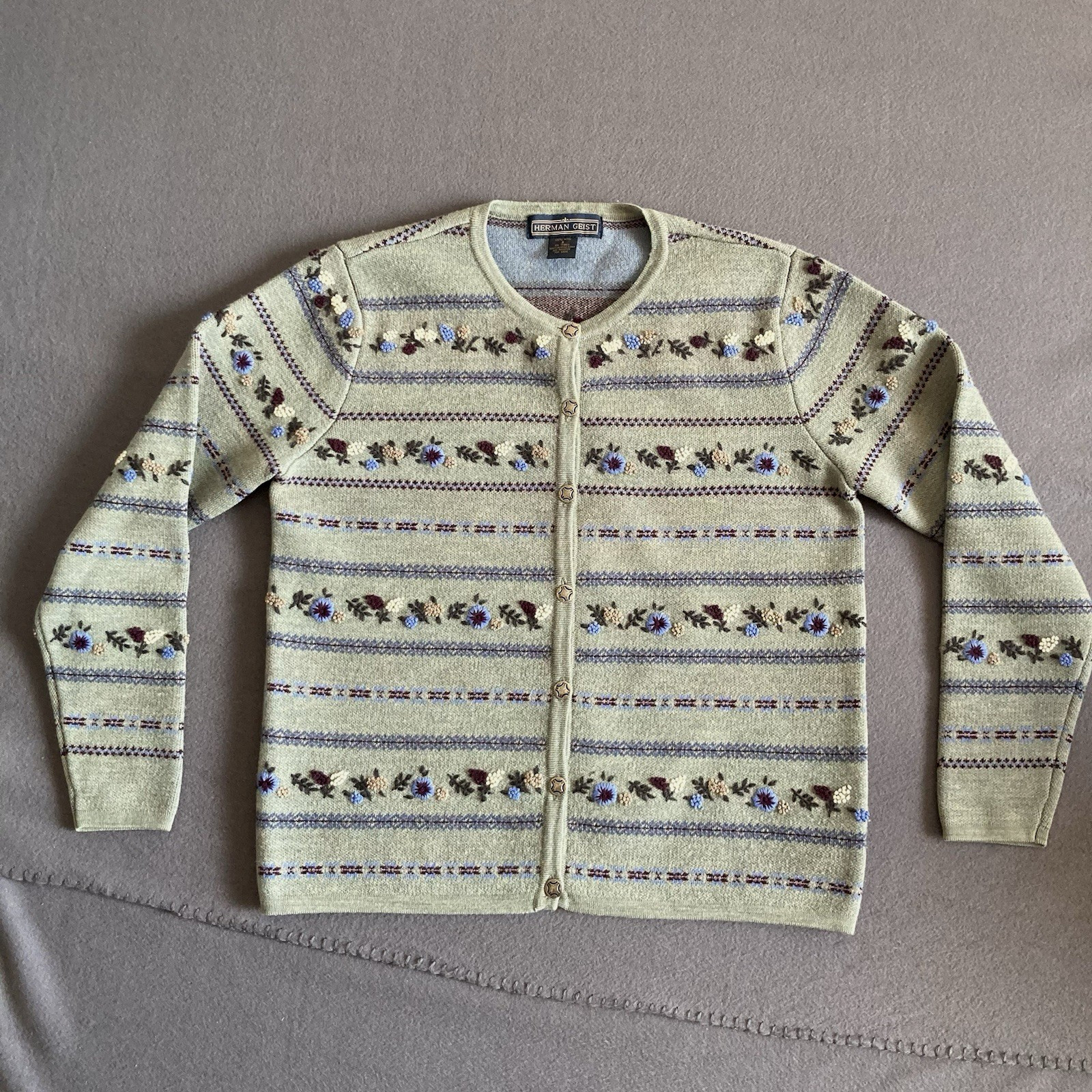Herman Geist Embroidered Floral Wool Cardigan Sweater Women\'s Small Green VTG