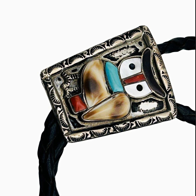 Signed 1950s Zuni Sterling Multi-Stone Mosaic Inlay Owl Bolo Tie Bennett Clasp