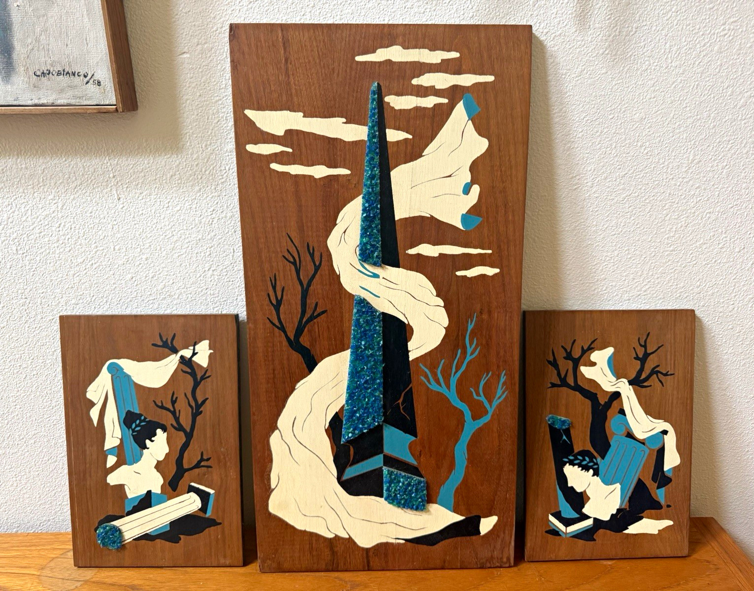 Vintage Mid Century Greek Gravel Art Wood Wall Plaques