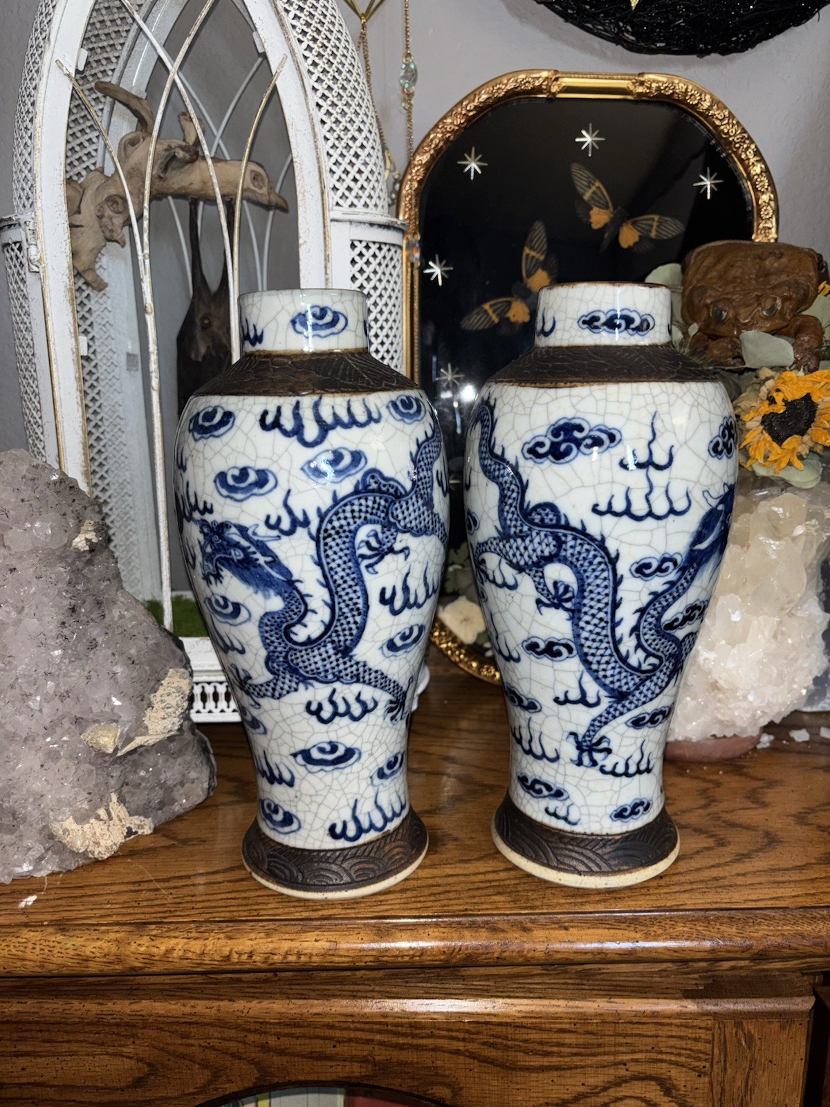Pair of 10 Inch 19th Century Chinese Dragon Crackle Glaze Porcelain Vase Marked