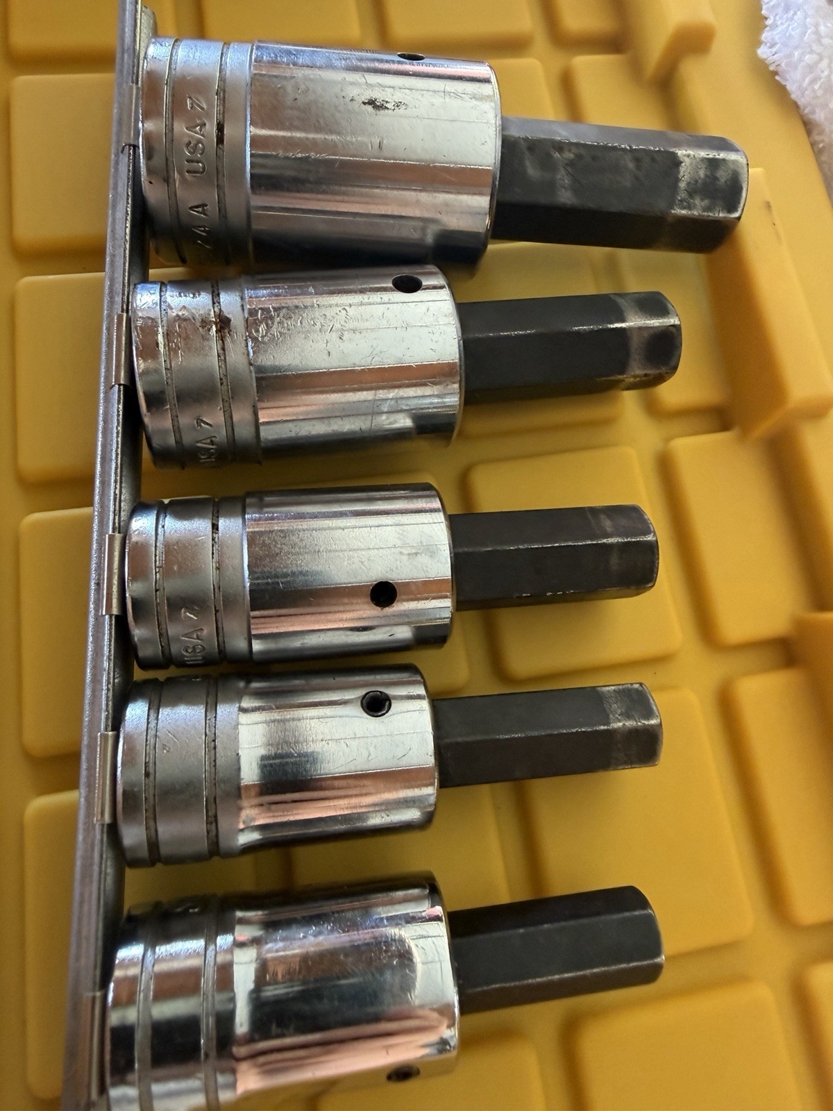Vintage Snap-on USA SAE Hex Allen Bit Socket Set 1/2 Drive SA 7/16–3/4 5pc Vintage Snap-on USA SAE Hex Allen Bit Socket Set 1/2 Drive SA 7/16–3/4 5pc