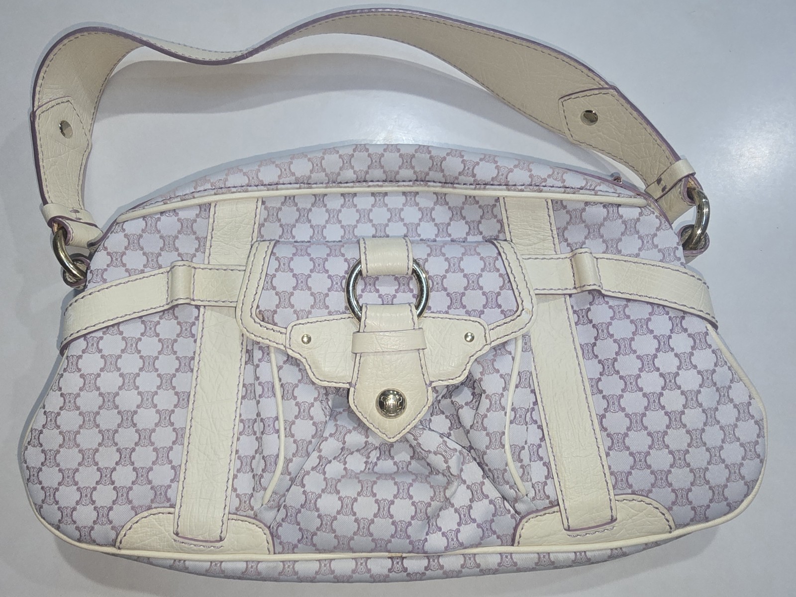 Celine Vintage Macadam Purple And White Canvas Shoulder Bag