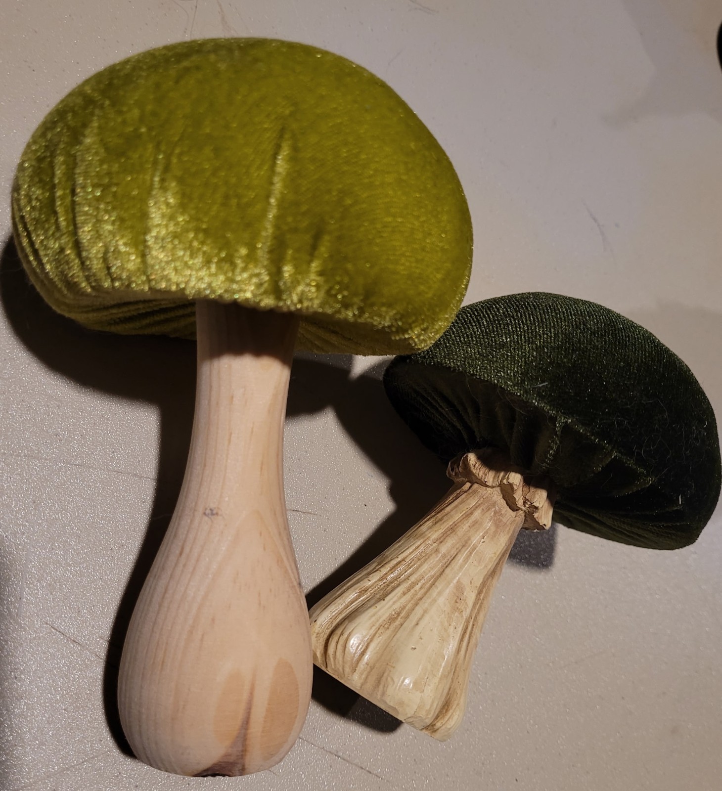 Set of 2 Flocked Velvet Mushroom Figurines Wood Stems Green Brown Woodland Decor