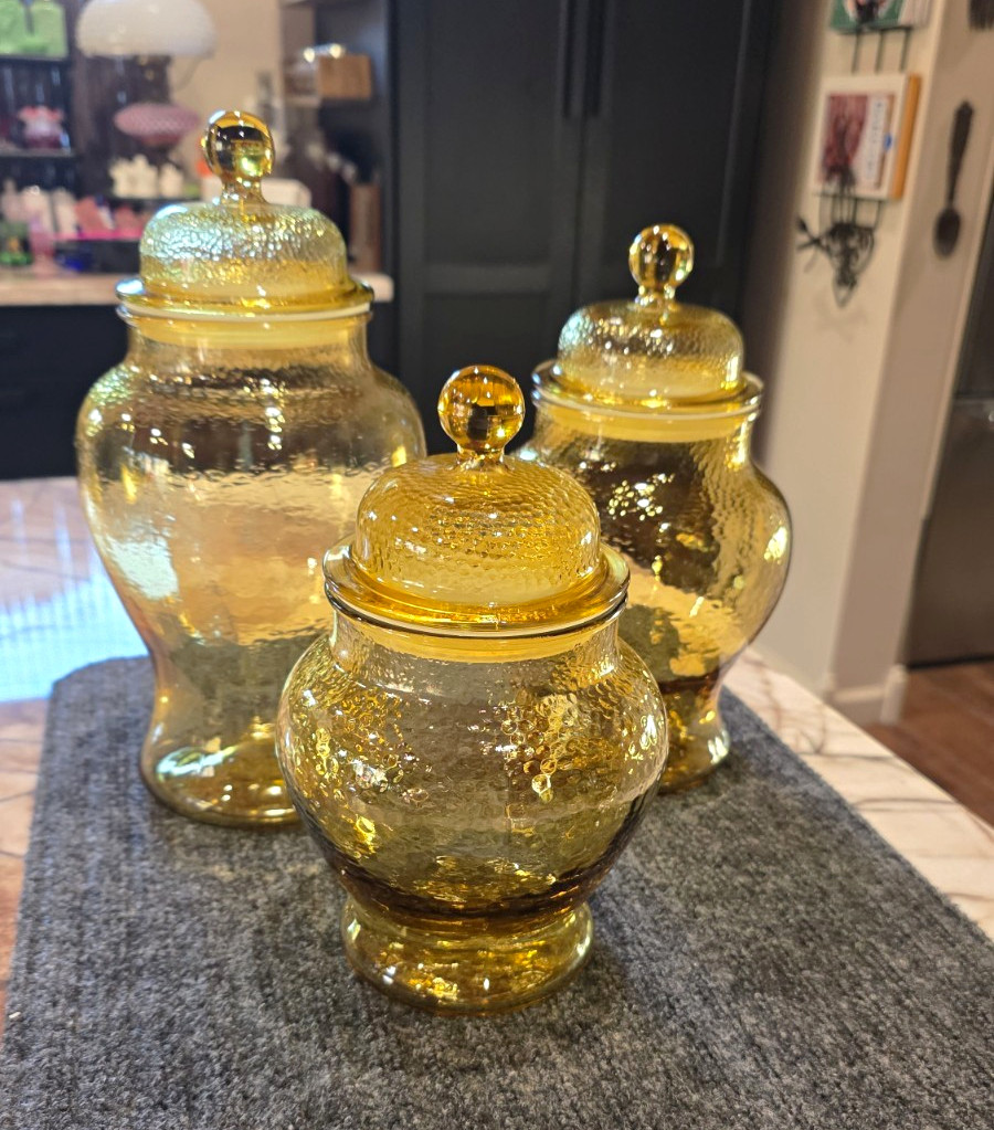 Indiana Glass Co Amber Textured Glass Canister Set w/ Lids 3pc 12in