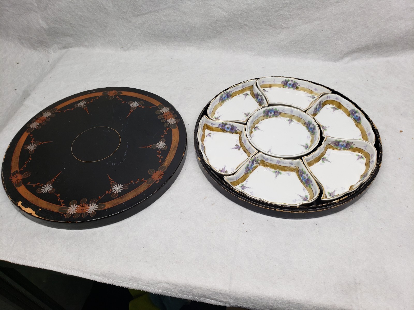 Antique 9 Piece E-OH Nippon Hand Painted Lacquer Box Sweet Meat Serving Set