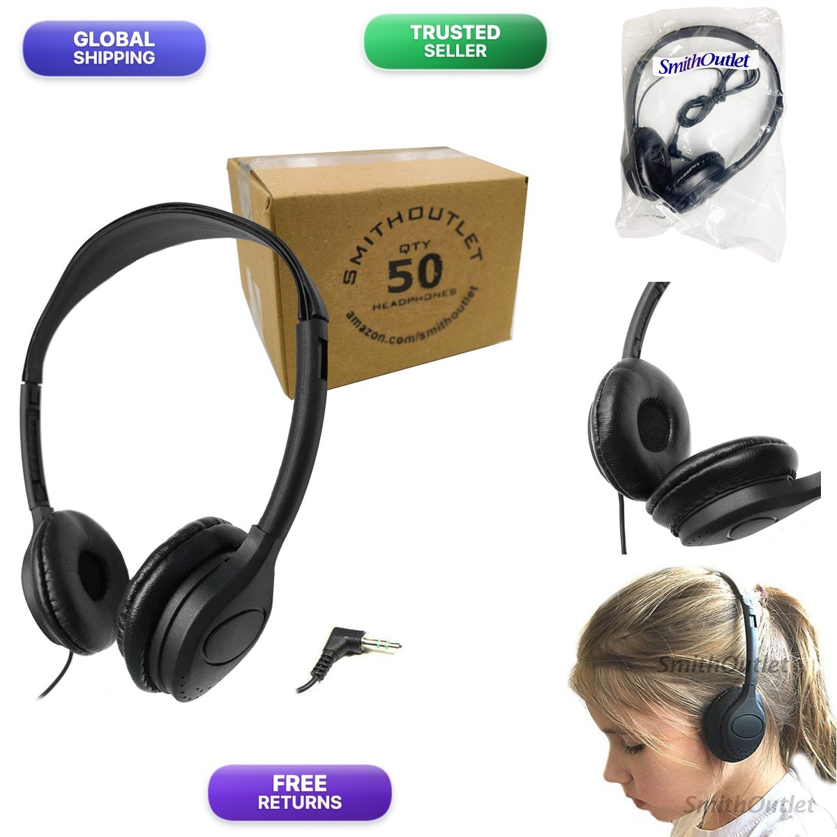SmithOutlet Classroom Headphones 50-Pack On-Ear for School K-12 Black