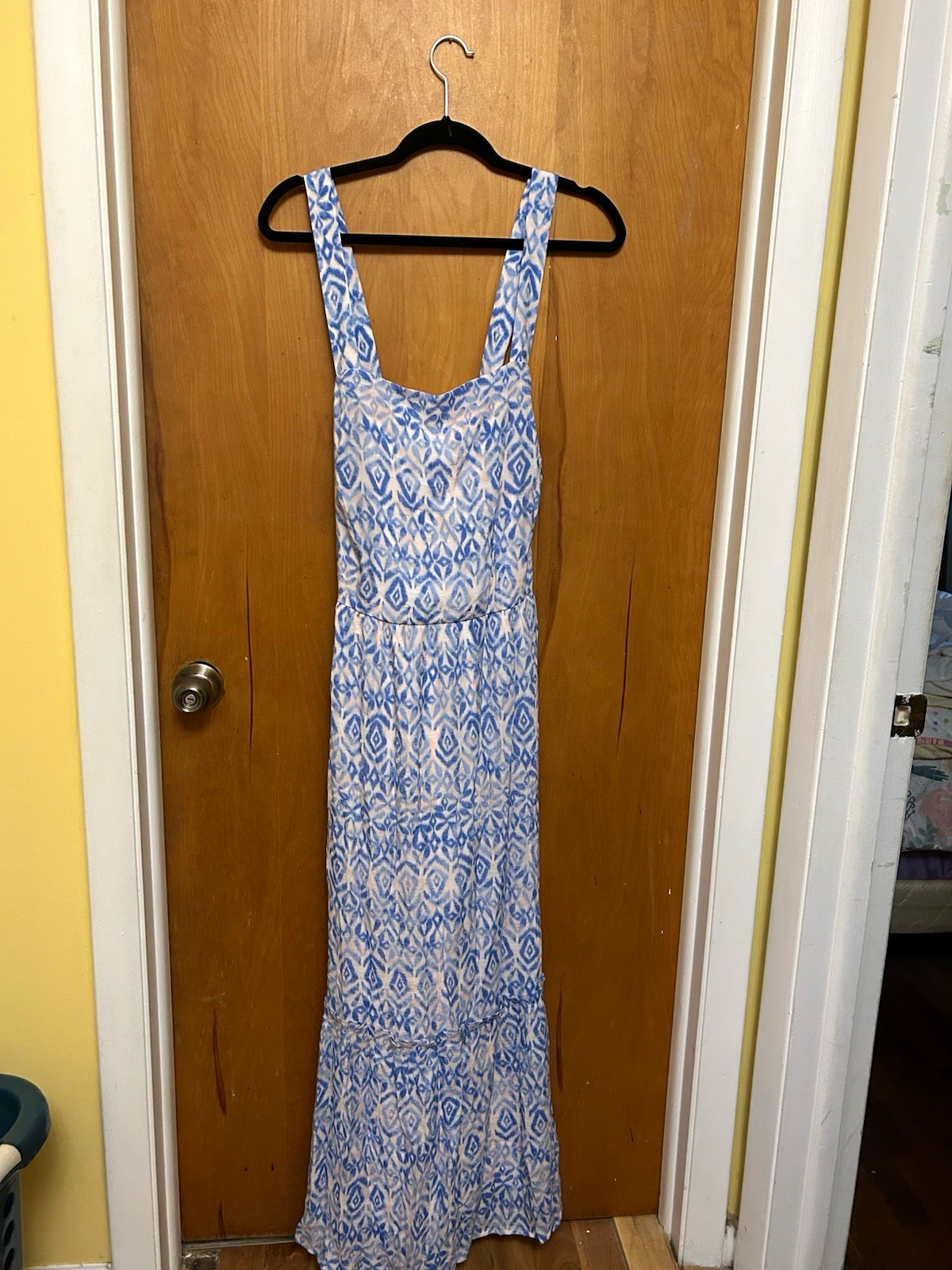 Lane Bryant 16 Blue White Geometric Square Neck Strappy Maxi Dress Zip