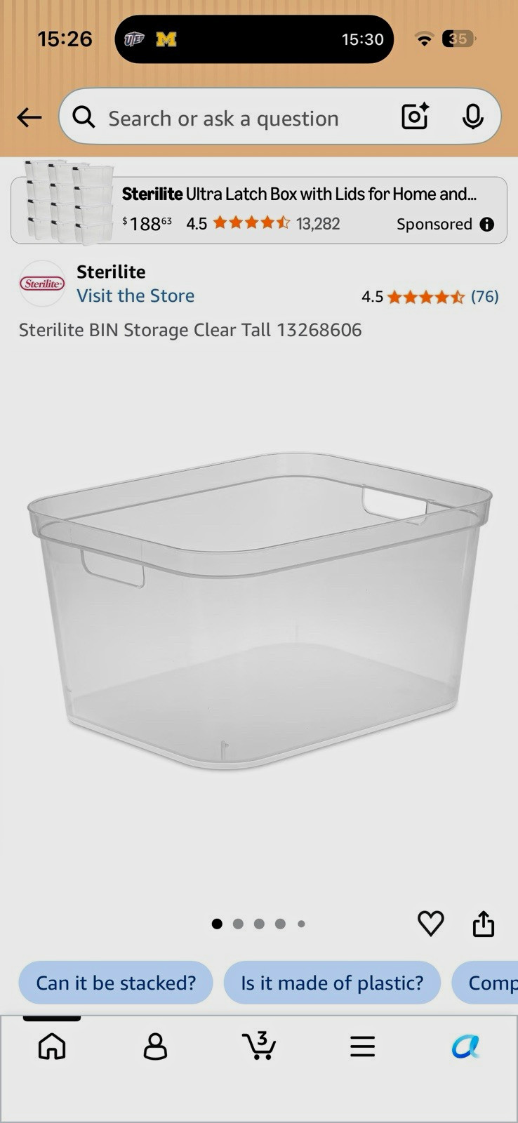 Sterilite Clear Plastic Tall Storage Bin w/ Handles 15x12-1/4x8-1/4 Set of 6 Sterilite Clear Plastic Tall Storage Bin w/ Handles 15x12-1/4x8-1/4 Set of 6