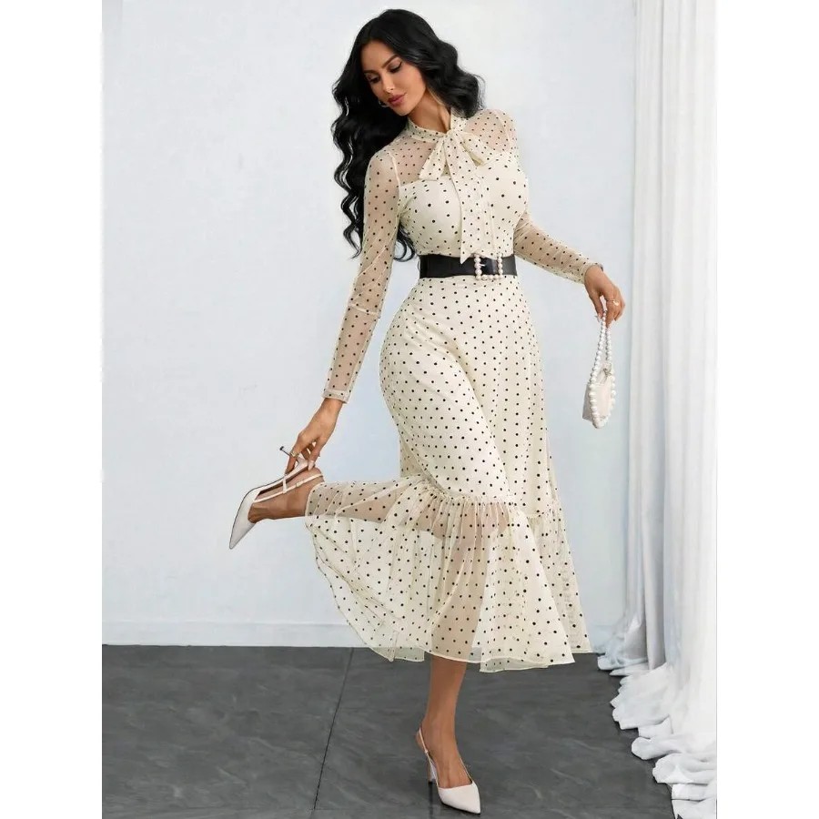 Women’s Vintage Polka Dot Dress Elegant Sexy Romantic Double-Layer Bow Work Date