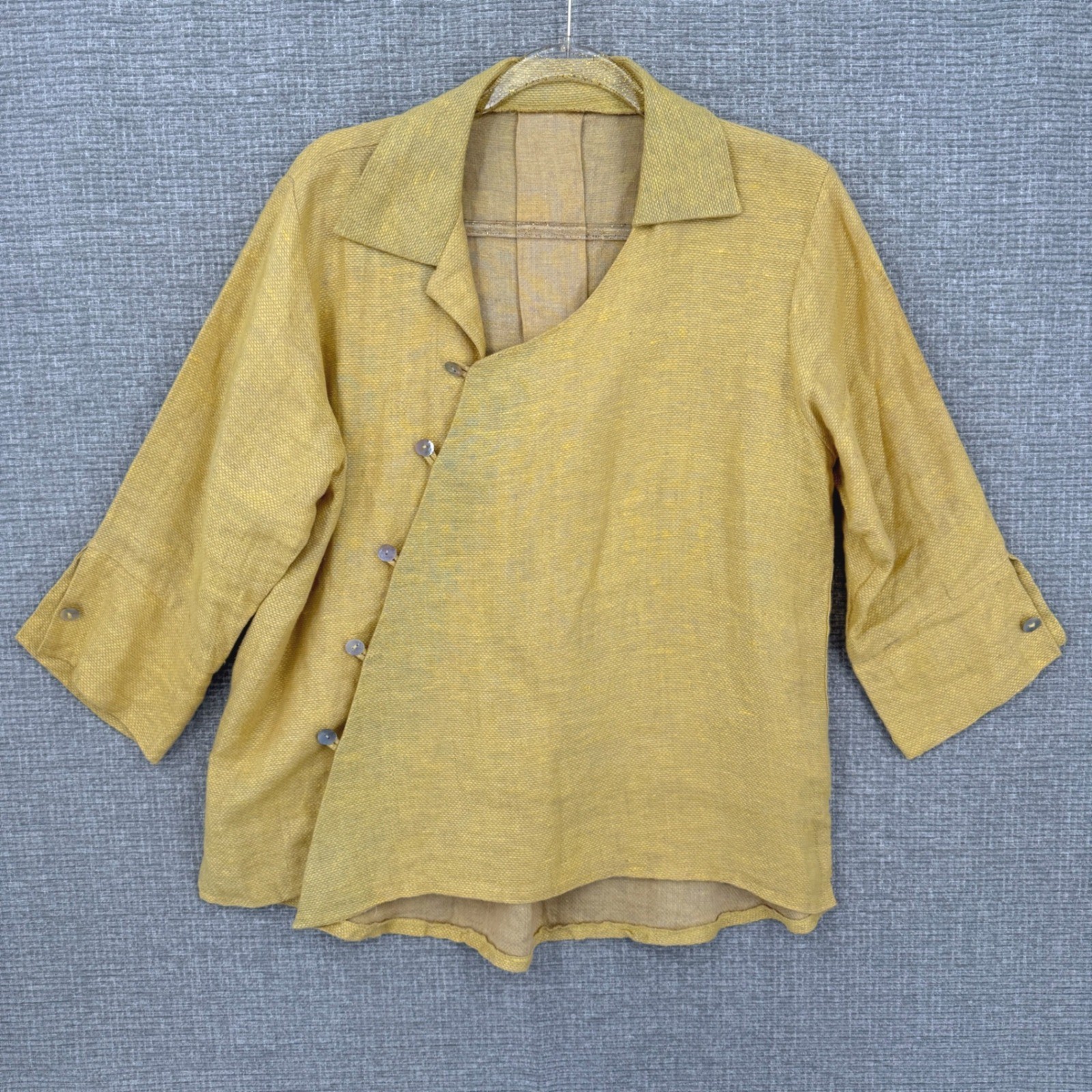 Heydari Linen Asymmetrical Button Top Women One Size Yellow Textured Boho 3/4