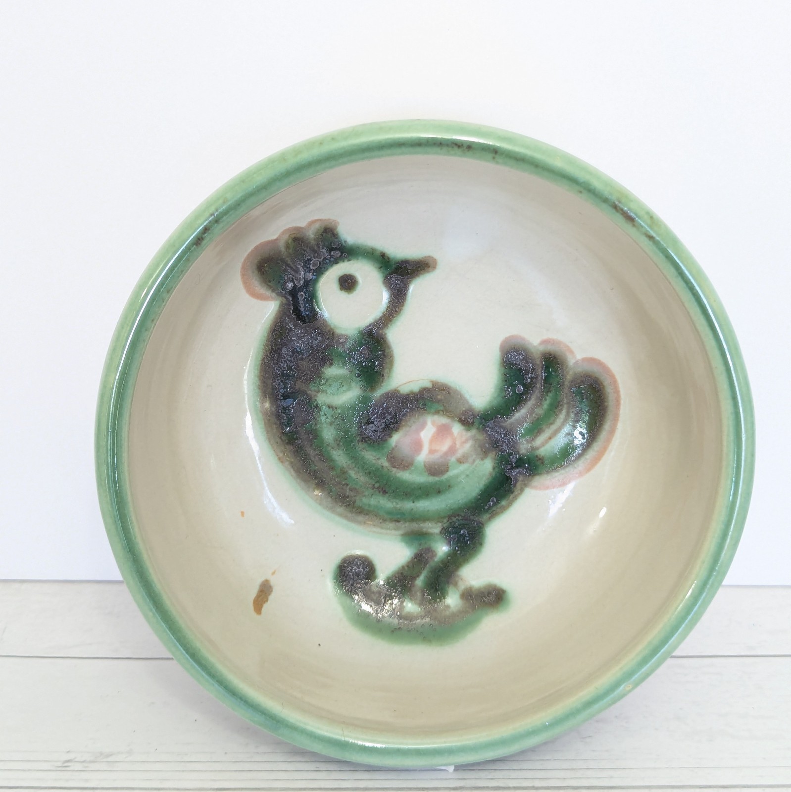 M A Hadley Stoneware Art Pottery Green Bird 5.5\