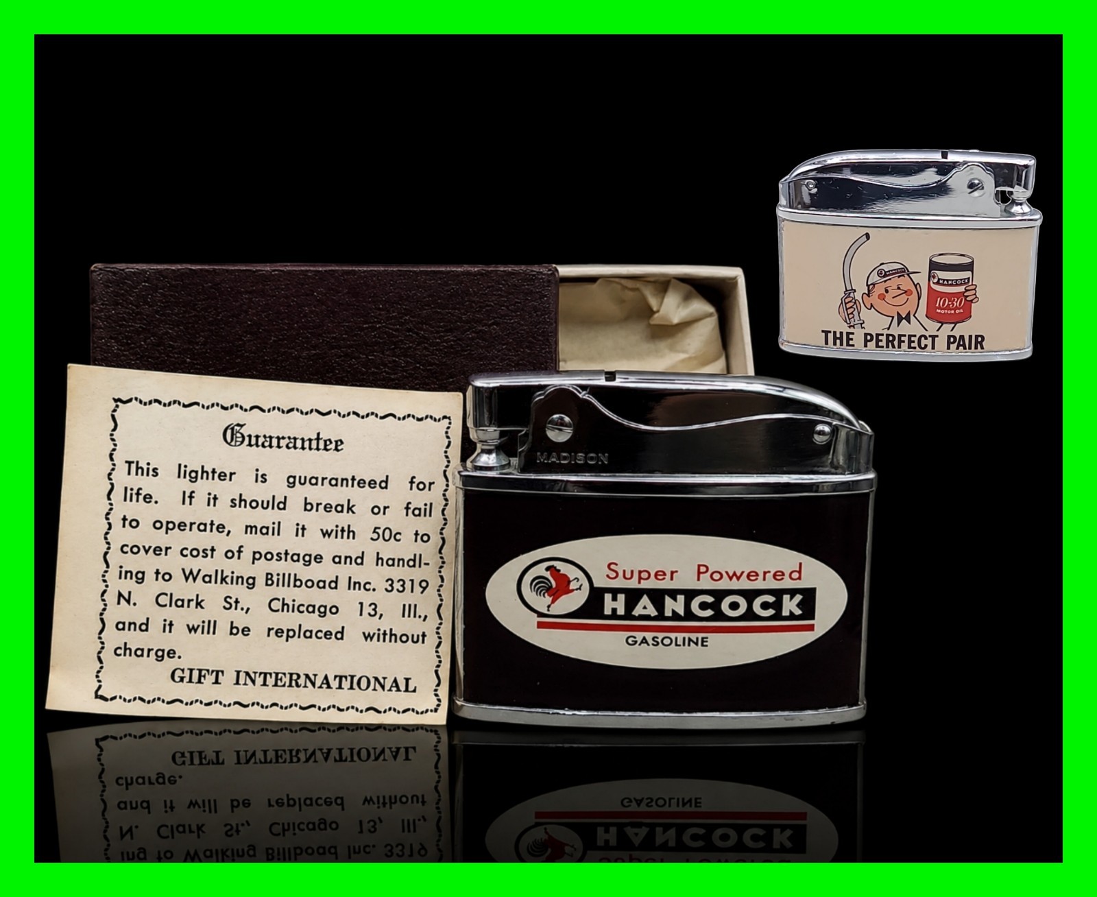 Vintage Hancock Gasoline 10-30 Motor Oil Gas Station Flat Ad Lighter With Box