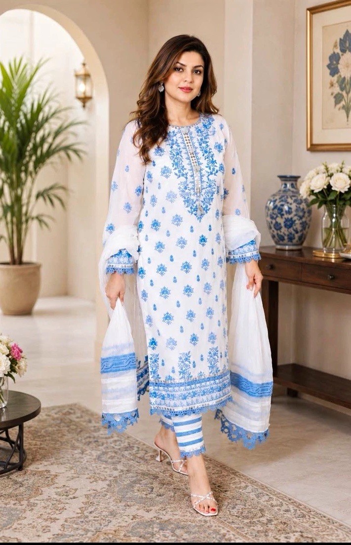 Handmade Women’s Pakistani Shalwar Kameez 3PC Suit White Cotton w/ Dupatta