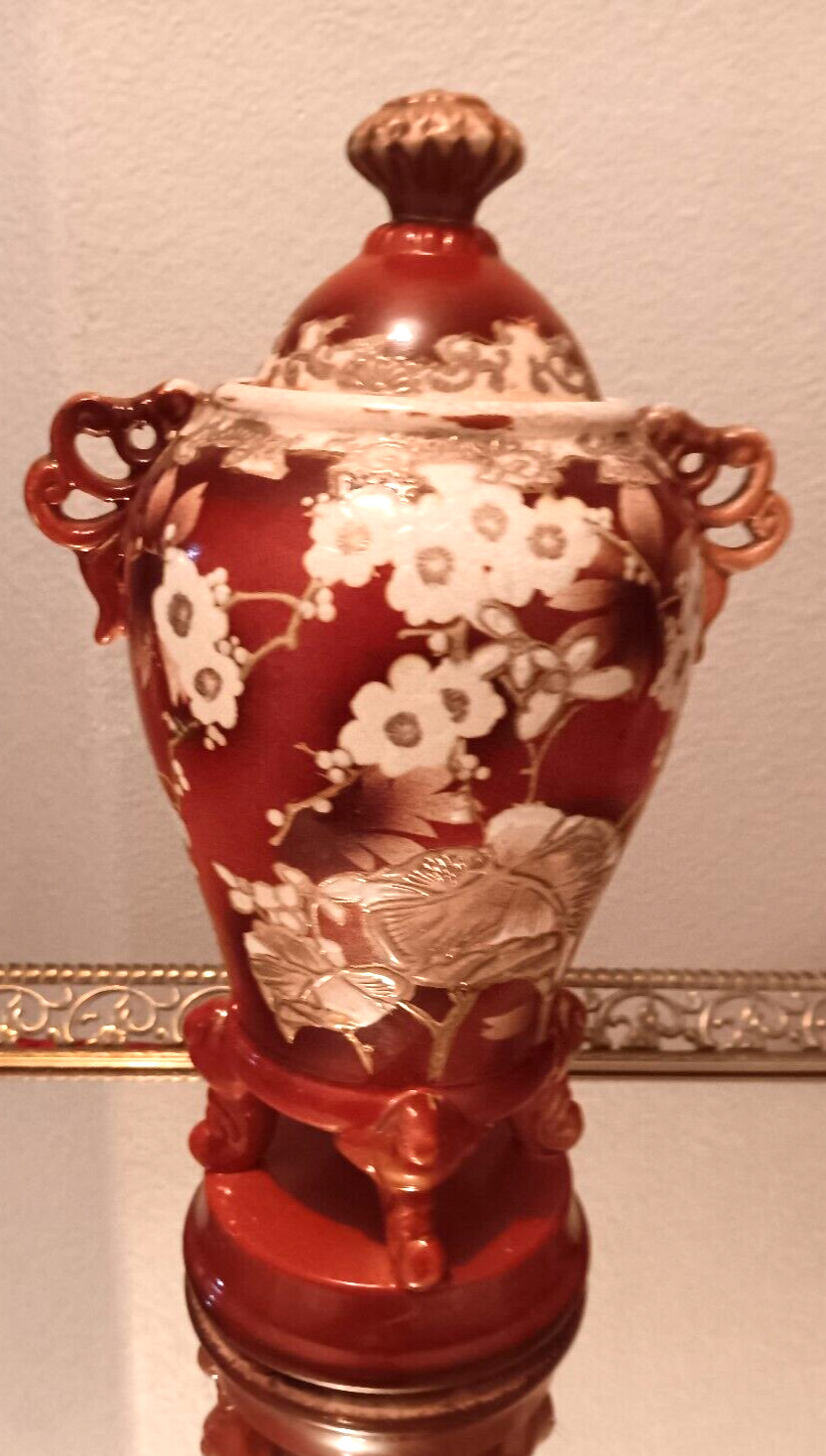 Ginger Jar Urn Antique Japanese Footed Vase Handles & LID Old Pottery Pedestal Ginger Jar Urn Antique Japanese Footed Vase Handles & LID Old Pottery Pedestal