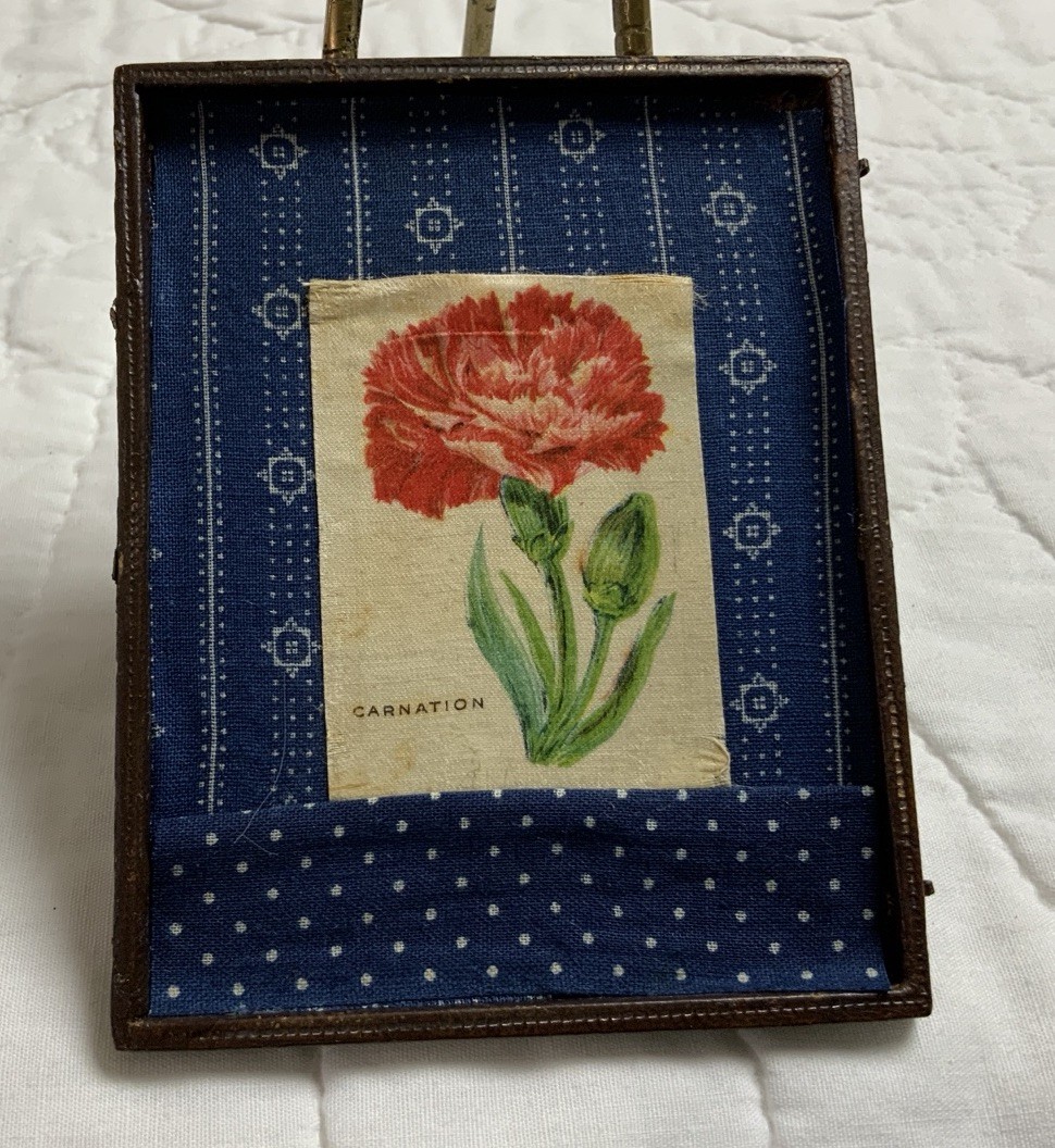 Vintage Antique Half Union Case Framed With Antique Cigarette Silk, Carnation