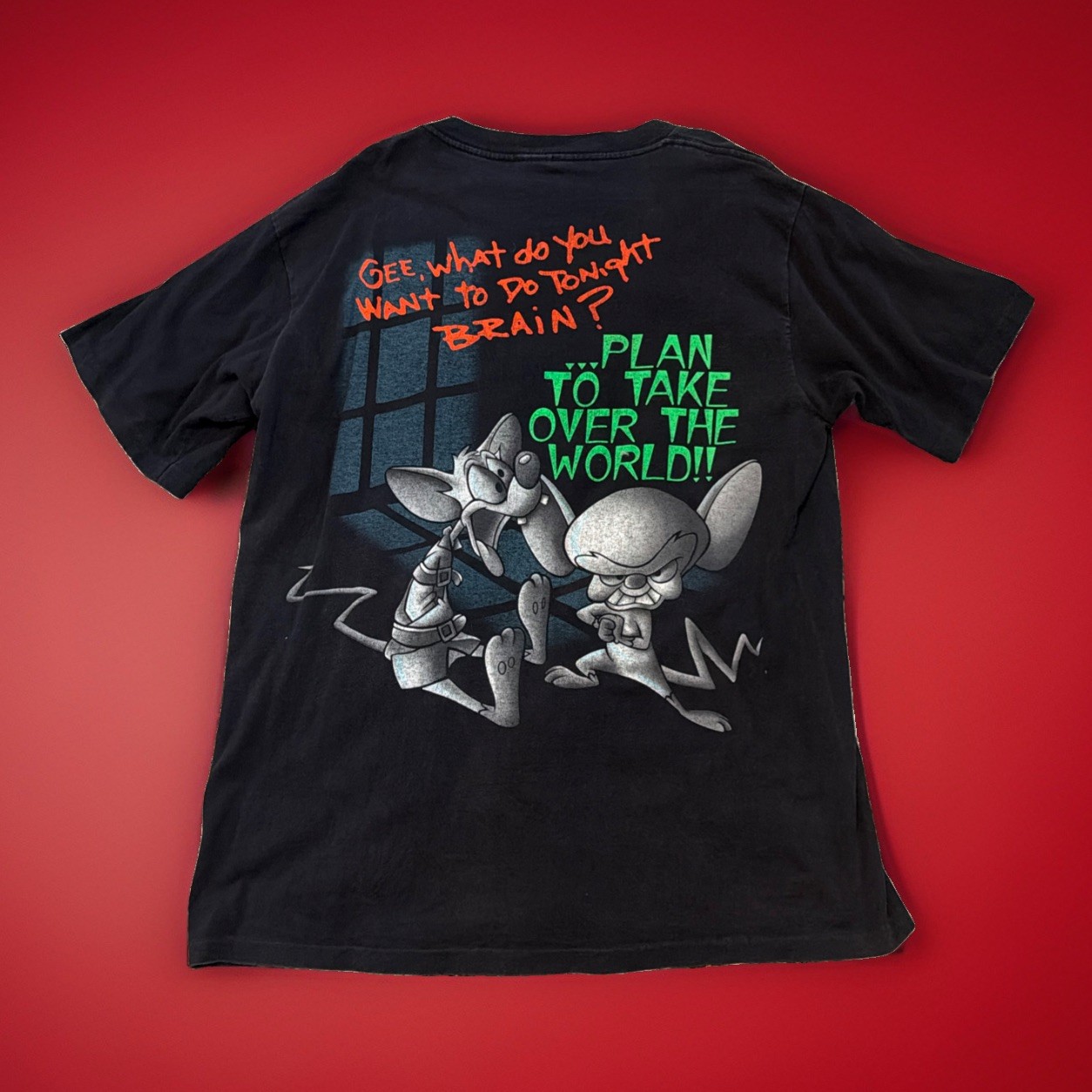 Vintage 90s Pinky And The Brain Black Cartoon Changes Shirt Size XL Made In US