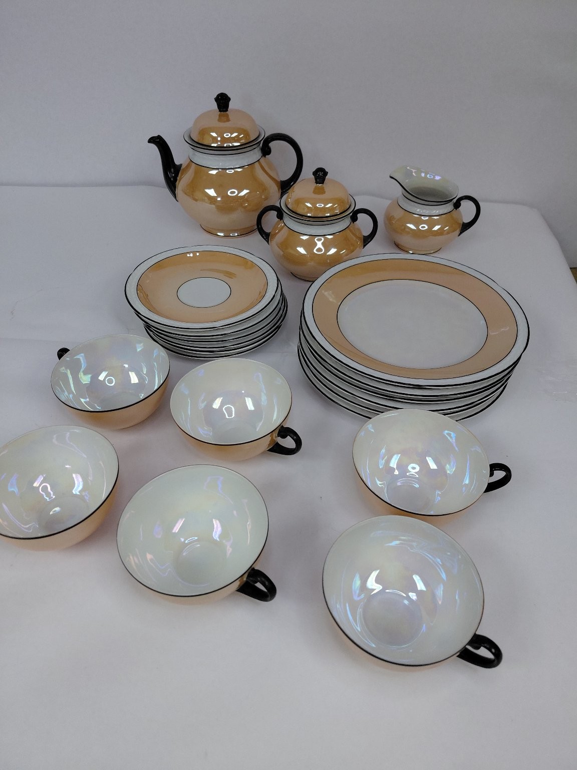 Vintage Iridescent Peach Dinnerware Set Teapot Creamer Sugar 6 Cups 6 Saucers