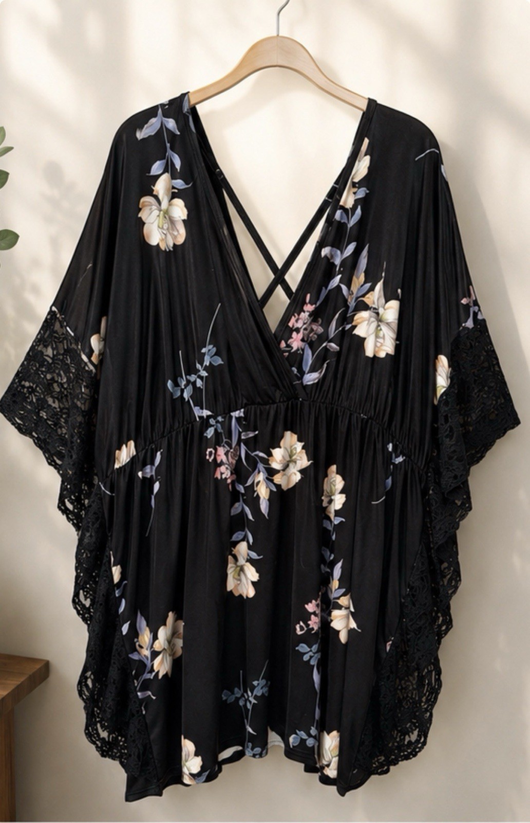 Loveu.Dear 3X Plus Black Floral Kimono Top Lace Strappy Boho Stretchy Blouse