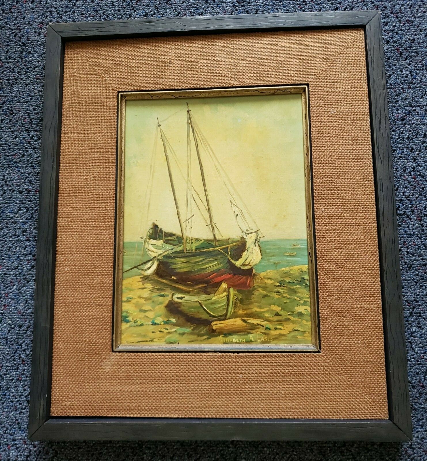 Mid Century Original Oil Painting Boats Elizabeth A Laslo Impasto Coastal Art