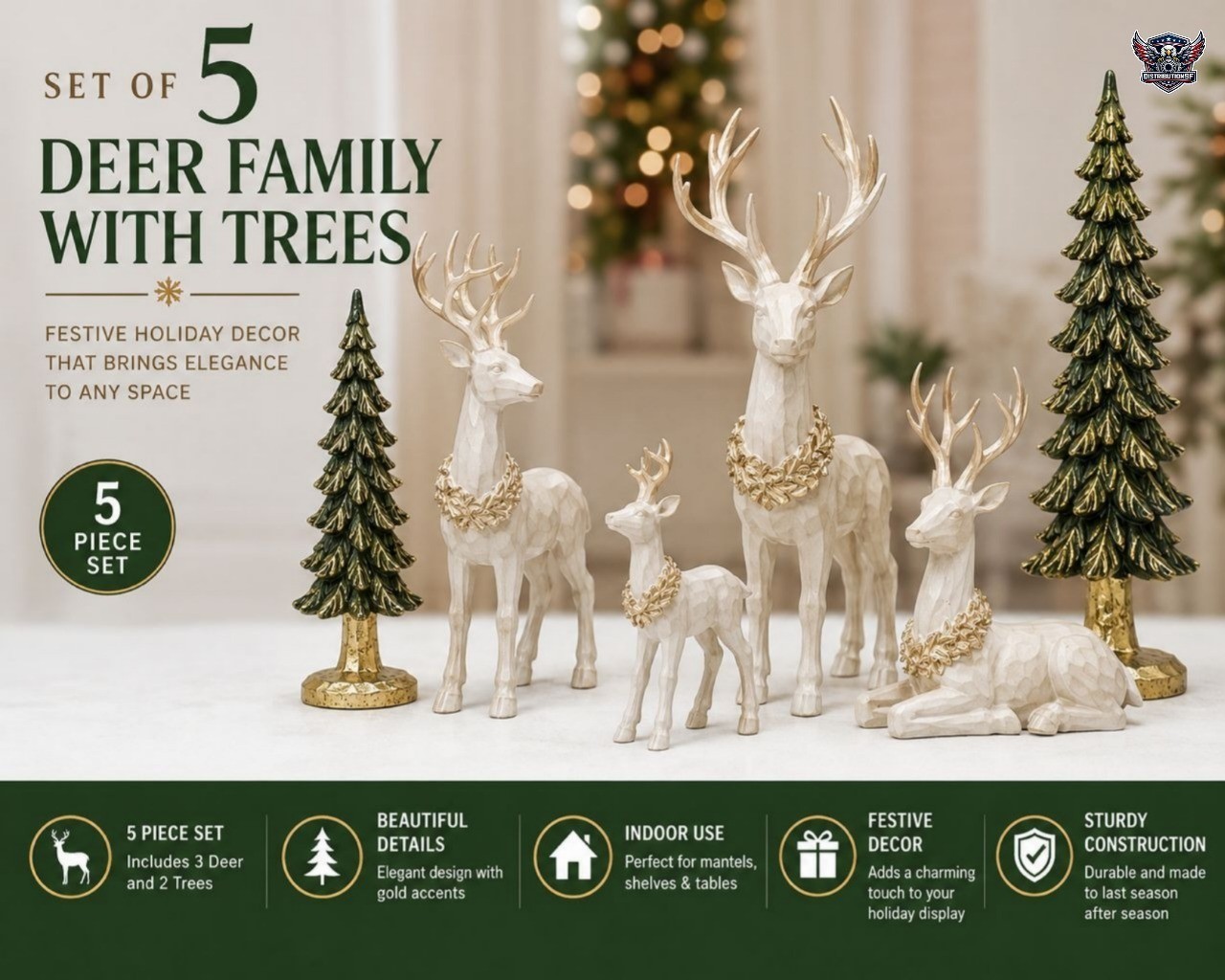 5-Piece Christmas Deer Family with Trees Holiday Figurine Decor Set Indoor