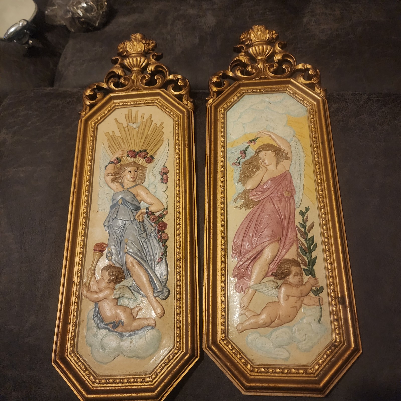 2 Vintatge HOMCO Syroco MCM Wall Decor Hollywood Regency Gold  W/ Cherub Painted